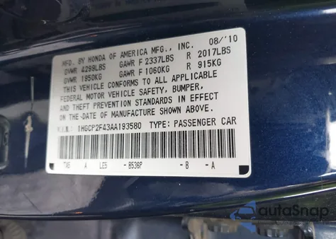 2010 Honda Accord Lxp from USA, damaged, VIN 1HGCP2F43AA193580